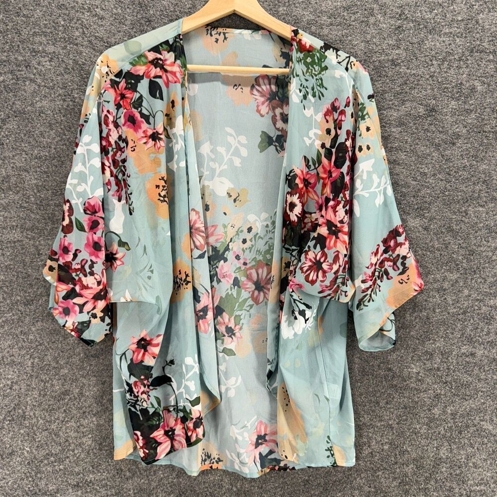 Unbranded Top Women S Small Blue Floral Open Front 3/4 Sleeve Casual Comfort